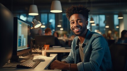 Young smiling professional black man working on the laptop in the office and looking at camera