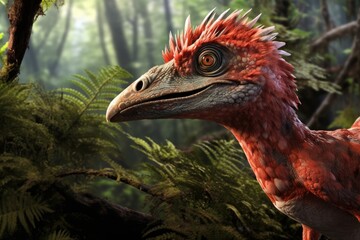 Naklejka premium Dinosaur in the forest. 3D render. Nature background. A bird like a dinosaur of the late Jurassic period, AI Generated