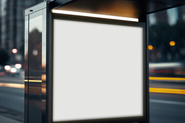 Outdoor Bus Shelter Advertisement Mockup, night urban scene showing a bus billboard display, Light...
