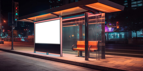 Outdoor Bus Shelter Advertisement Mockup, night urban scene showing a bus billboard display, Light Sign Mockup - obrazy, fototapety, plakaty