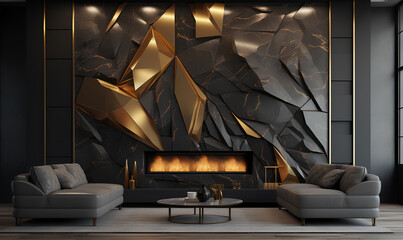 luxury living room Wall Modern Marble Mosaic Black and Gold Ceramic - Generative AI