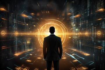 Back view of businessman looking at abstract glowing technology background. Future concept, A businessman standing in front of a digital glowing cyber portal with a binary network system, AI Generated