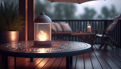 A closeup of a fire pit table with nic dec and with beautiful view Generative in ai