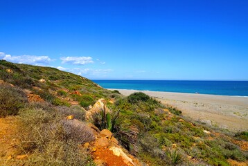 view towards the beach Playa de la Hacienda near La Alcaidesa at the Mediterranean Sea, Cádiz,...