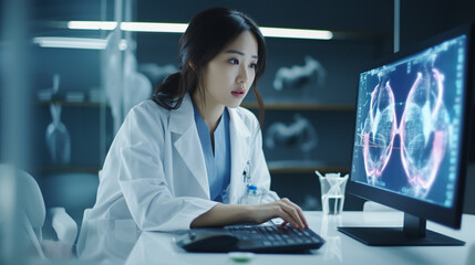 Asian women Doctor using technology document management on computer system management for cardiologist Specialist in treating heart disease for treatment in hospital , DMS document management concept