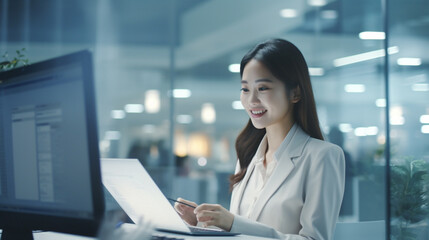 Asian women using computer for document management on business office. Businesswoman happy work marketing in office. Businesswomen using technology AI artificial intelligence support in work it easy.