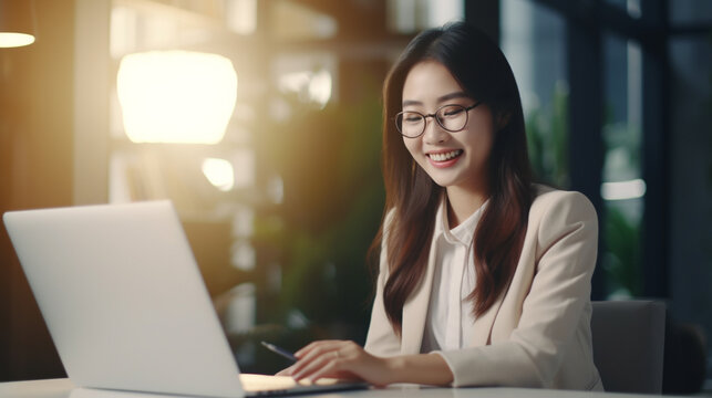 Asian women using computer for document management on business office. Businesswoman happy work marketing in office. Businesswomen using technology AI artificial intelligence support in work it easy.