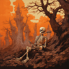 Halloween style A skeleton sitting beside a large tree with a castle behind it orange tone for Halloween background.