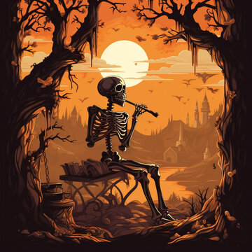 Halloween style A skeleton sitting beside a large tree with a castle behind it orange tone for Halloween background.