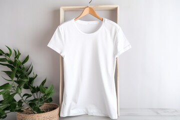 Mockup aesthetic camiseta blanca mujer, branding profesional diseño camiseta cuello redondo