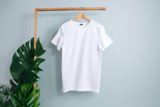 Mockup camiseta blanca fondo neutro con planta, branding nueva l&iacute;nea de ropa, camiseta blanca colgada percha estilo n&oacute;rdico 