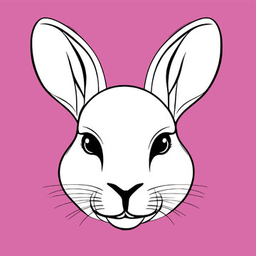 White face of a cute rabbit on a pink background. Vector illustration, logo
