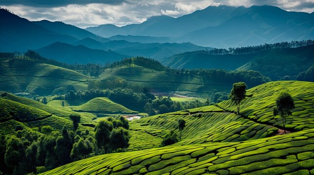 Buffer Zone Sign In Munnar Tea Plantation Landscape, Kerala, India - Green Tea Plantations And Indian Signage. Generative AI