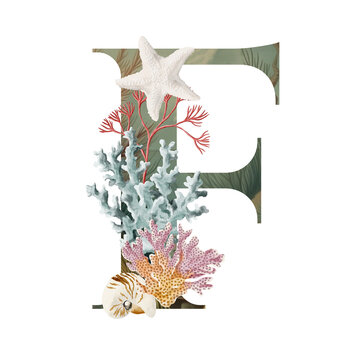 Watercolor letter F hand painted floral monogram uppercase capital alphabet wildflowers and leaves bouquet isolated child nursery decor school nature
Kid birthday flowers floral Sea life underwater