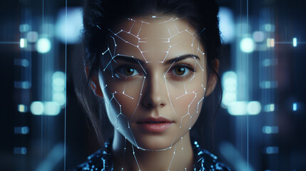 Fictional portrait of a sci-fi cyberpunk girl. High-tech futuristic woman from the future. The concept of virtual reality and cyberpunk. 3D render. 3D Illustration © Nataliia