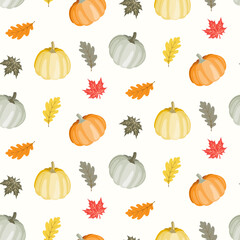 Seamless pattern of doodle autumn leaves and pumpkins on isolated background. Hand drawn background for Autumn harvest holiday, Thanksgiving, Halloween, seasonal, textile, scrapbooking, paper crafts.