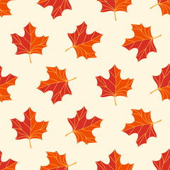Obraz premium Seamless pattern of doodle maple leaves on isolated background. Hand drawn background for Autumn harvest holiday, Thanksgiving, Halloween, seasonal, textile, scrapbooking.