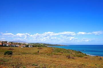 view towards the beautiful village La Alcaidesa and the beach at the Mediterranean Sea, Cádiz, Andalusia, Malaga, Spain