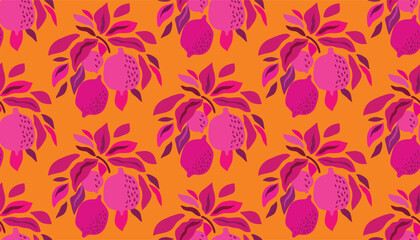 Fototapeta na wymiar Lemon fruit summer seamless pattern background with fantasy tropical fruits Cute vector hand drawn doodle art illustration for packaging design, cover, packages, clothing, textile