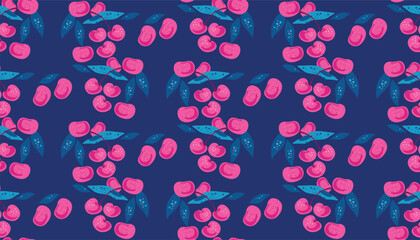 Cherry berry art seamless  pattern  background with fantasy  summer tropical fruits  Cute vector hand drawn doodle illustration for packaging design, cover, packages, clothing, textile