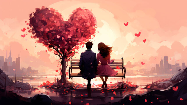A loving couple sitting on a bench next to a tree shaped like a heart
