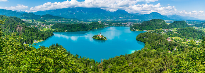 A panorama view from the Mala Osojnica viewpoint above Lake Bled, Slovenia in summertime
