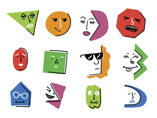 Geometrical abstract comic Faces with various Emotions and colorful stains. Crayon pen drawing style. Different shape characters. Cartoon style. Flat design. Hand drawn trendy Vector illustration.