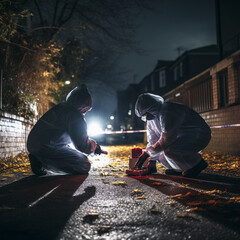 Forensics taking evidence from a crime scene. Scientific police. Generative AI.