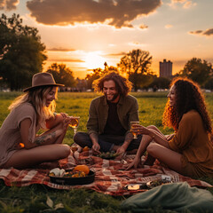 Friends having a picnic in the park. Generative AI.