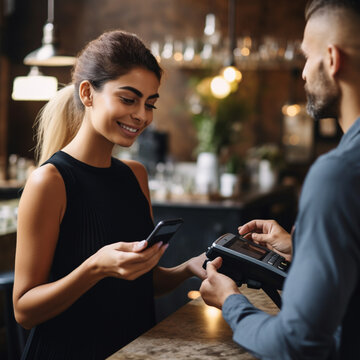 Woman Paying With The Contactless Of The Mobile In A Store. Generative AI.