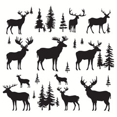 Fototapeta premium Moose silhouettes and icons. black flat color simple elegant Moose animal vector and illustration. 
