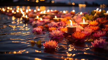 Floating Rangoli on Water: Blossoms and Candles Creating a Serene Scene 