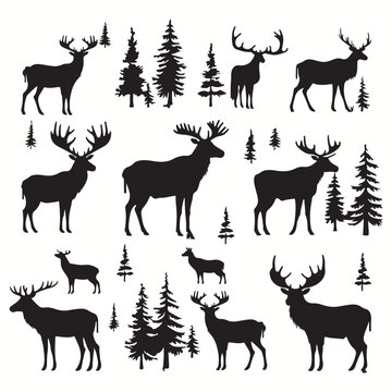Moose silhouettes and icons. black flat color simple elegant Moose animal vector and illustration.	
