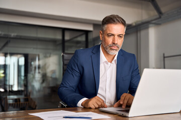 Mature Indian or Latin business man ceo trader using computer, typing, working in modern office,...