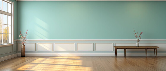 Interior blank wall setting for presentation, with a cream turquoise blank wall, hardwood floor, and a fascinating window glare. 