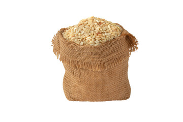 Brown whole grain rice in the jute canvas sack side view isolated transparent png. Uncooked,raw...