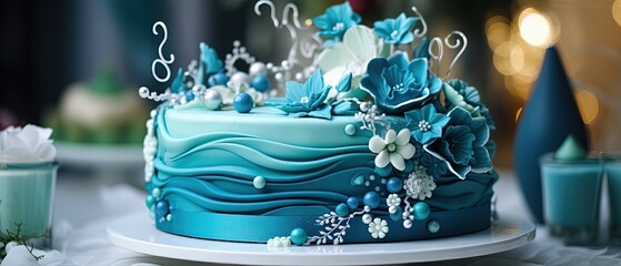 A Huge Blue Cake for the Celebration of the Birthday of a Boy. Professional Bakery.