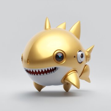 cute tiny golden robotic shark cyborg, white background Generative AI