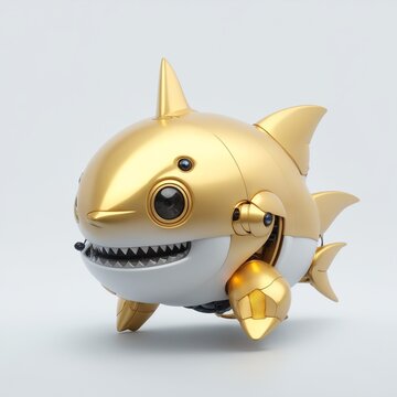 cute tiny golden robotic shark cyborg, white background Generative AI