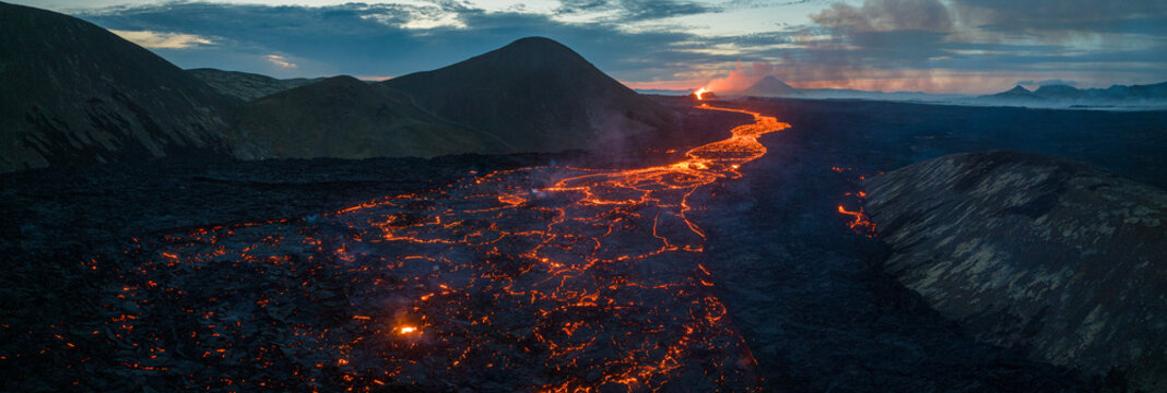 Aerial Panoramic view of Volcano Eruption, Litli-Hr?tur Hill.