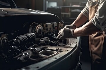 Fototapeta na wymiar Professional unrecognizable car mechanic working in auto repair service.