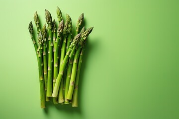 Bunch of fresh green asparagus on green background with copy space for your text - obrazy, fototapety, plakaty