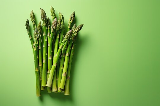 Bunch of fresh green asparagus on green background with copy space for your text