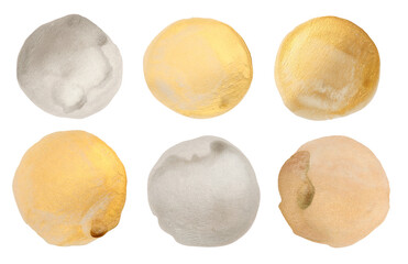 PNG Hand drawn metallic ink Watercolor circle blots. Abstract gold, silver bronze glitter texture stain on transparent background.