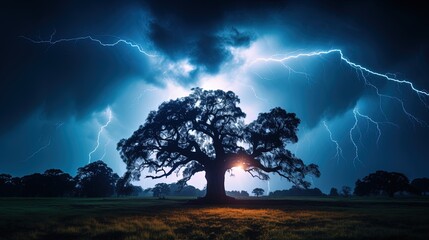 Huge Tree getting Striked by a Powerful Thunderbolt, Cinematic Shot.