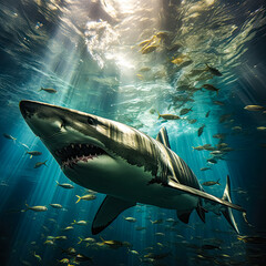 Naklejka premium shark swims in ocean among fish AI generated, high quality 3D illustration