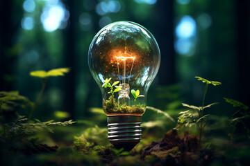 Glühbirne im Wald / Forst mit Pflanzen und Sträuchern. Natur und Bäume im Hintergrund. Grüne Energie. Querformat. Nachhaltige Energie. Generative Ai.