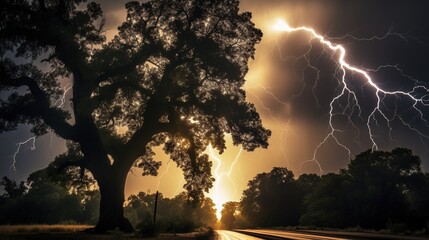 Huge Tree getting Striked by a Powerful Thunderbolt, Cinematic Shot.