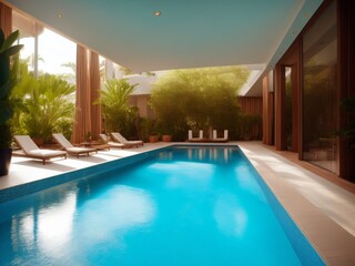 Obraz na płótnie Canvas Luxury resort interior. Fancy swimming pool in an atrium hotel. Golds and blues