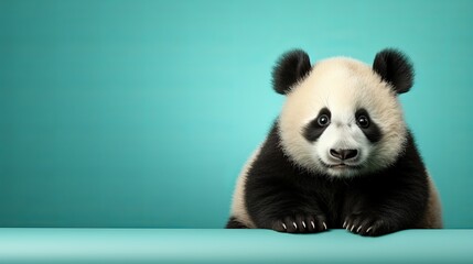 Panda close-up. bamboo bear, Animal looking at the camera, turquoise background, space for text,...